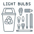 Light bulbs recycling illustration with trash, dumpster and lettering