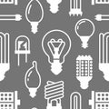 Light bulbs seamless pattern with flat glyph icons. Led lamps types, fluorescent, filament, halogen, diode and other