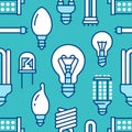 Light bulbs seamless pattern with flat line icons. Led lamps types, fluorescent, filament, halogen, diode and other Royalty Free Stock Photo