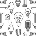 Light bulbs seamless pattern with flat line icons. Led lamps types, fluorescent, filament, halogen, diode and other Royalty Free Stock Photo