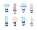 Light bulbs set. Fluorescent retro modern lamps innovative bright halogen spiral filament inertial gas glass plastic