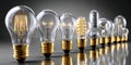 Light bulbs showing different technologies and sizes evolving over time Royalty Free Stock Photo