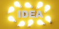 Light bulbs surrounding the white word idea on orange background, innovation or creativity concept Royalty Free Stock Photo