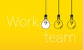 Light bulbs on yellow background with teamwork text. Concept of idea creation, innovation and leadership.Vector illustration Royalty Free Stock Photo