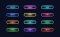 Light buttons. Glowing neon UI elements for online casino and dark web application. Vector bright play, read and buy
