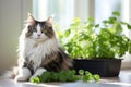 striped cat sits on a beige floor in a well-lit room with balcony doors that offer a view of palm trees Royalty Free Stock Photo