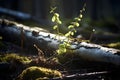 Light catches on an old railway spike nestled among fresh birch twigs, contrasting times gone. AI Generated