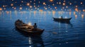 lamp water festival travel river celebration lantern night light boat. Generative AI.