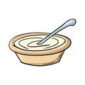 Light ceramic deep plate with porridge, thick sour cream, with a spoon, vector cartoon