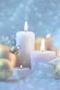 Light Christmas Decorations with Candles, baubles and magic snow Royalty Free Stock Photo