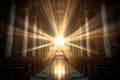 Light in church, symbolizing divine presence, truth, spiritual illumination, God love and grace. Sun rays radiant Royalty Free Stock Photo