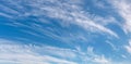 Light cirrus clouds in the blue sky panorama. Cirrus clouds variety on a sunny day. Wide shot of beautiful calm skyscape.