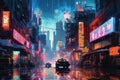 A Light City After Rain: Street Scene Cars Signs Movie Umbrellas Glowing Blue Lights