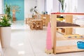 Light class in Montessori kindergarten. The pink tower is in the foreground. nobody Royalty Free Stock Photo