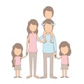 Light color caricature faceless big family parents with boy on his back and daugthers taken hands