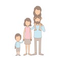 Light color caricature faceless big family parents with girl on his back and son taken hands