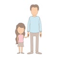 Light color caricature faceless full body youn man taken hand with little girl