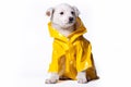 light-colored mongrel puppy in a bright yellow raincoat with a hood sits on a white background