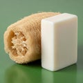 A light-colored rectangular bar of soap is placed beside a natural loofah sponge on a Royalty Free Stock Photo