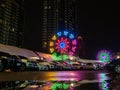 Light Colorful design,On a rainy night,Shap line,In Temple fair,Bangkok,Thailand