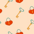 Light coloured seamless pattern with vintage locks and keys. Retro background for valentine\'s day