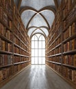 Light coming through arched window in library or reading room with many old books.Vintage style.