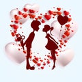 Light composition of hearts in the form of a wreath with the silhouette of a guy and a girl with a ball Royalty Free Stock Photo