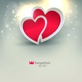 Light composition with two red hearts with white border, Royalty Free Stock Photo