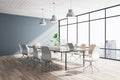 Light concrete and wooden meeting room office interior with panoramic windows, city view, lamps and furniture.