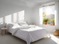 Light cozy bedroom, bed with white sheets and pillows