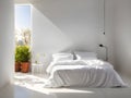 Light cozy bedroom, bed with white sheets and pillows