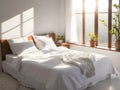 Light cozy bedroom, bed with white sheets and pillows