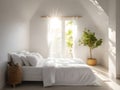 Light cozy bedroom, bed with white sheets and pillows