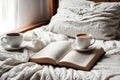 Light cozy bedroom, Coffee or tea cup and an open book on the bed. Royalty Free Stock Photo
