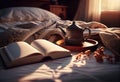 Light cozy bedroom, Coffee or tea cup and an open book on the bed. AI Generated