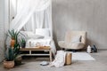 Light cozy bedroom interior in boho chic style Royalty Free Stock Photo