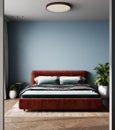 Light and cozy home bedroom interior with red bed, gray plaid and cushions on empty blue wall background. 3D rendering Royalty Free Stock Photo