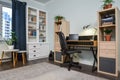 Light cozy teen room with white bookcases