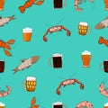 Light and dark beer with seafood snacks. Hand drawn cartoon style illustration. Lobster, fish and crab. Glass cup. Light and dark