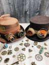 light & dark brown steampunk hats, with goggles, gears, magnifying glass, spectacle