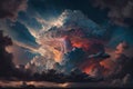 Light in the Dark and Dramatic Storm Clouds. Dramatic sky at the sunset. Generative AI Royalty Free Stock Photo