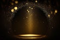 light in the dark, golden confetti rain on festive stage with light beam Royalty Free Stock Photo