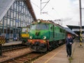 Polish electric locomotive EU07 with international train in Cadca in Slovakia.