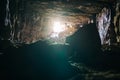 Light in dark tunnel or corridor of underground ore limestone mine or cave or industrial dungeon Royalty Free Stock Photo