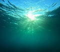 light diffraction and sun rays seen from undersea. underwater sunshine rays of light Royalty Free Stock Photo