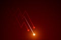 Light down arrow on dark red background, economic crisis chart concept, copy space composition.