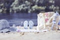 A light eco bag stands on a caved shore Royalty Free Stock Photo