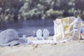 A light eco bag stands on a caved shore Royalty Free Stock Photo