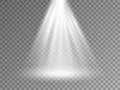 Light effect on transparent background. Realistic spotlight with white beams. Bright projector template. Scene Royalty Free Stock Photo