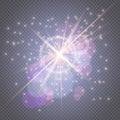 Sparks glitter glowing - star burst glow with lens flare isolated on transparent backdrop.Light effects decorations for Royalty Free Stock Photo